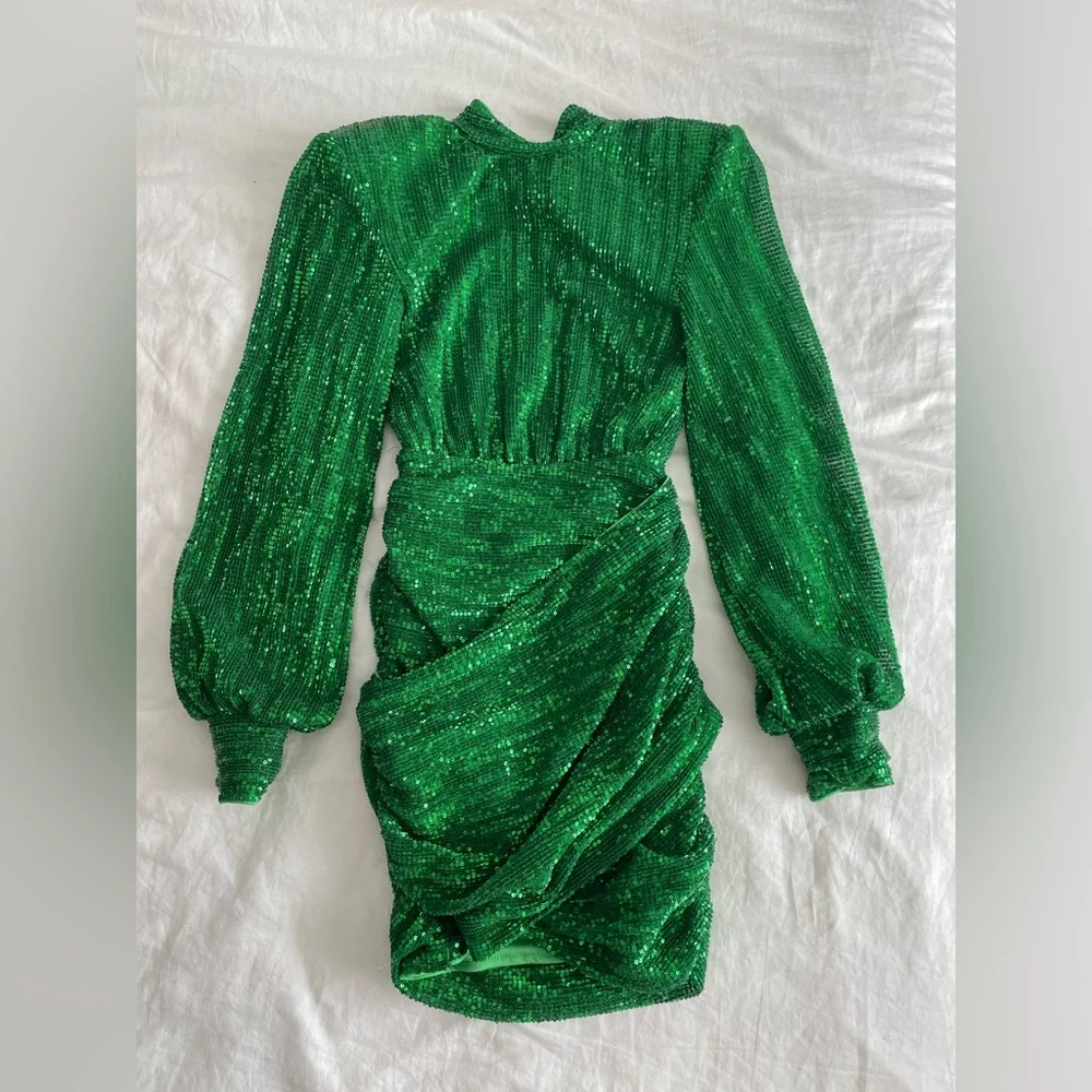 PrettyLittleThing Emerald Green Sequin Open Back Mini Dress | Size 0